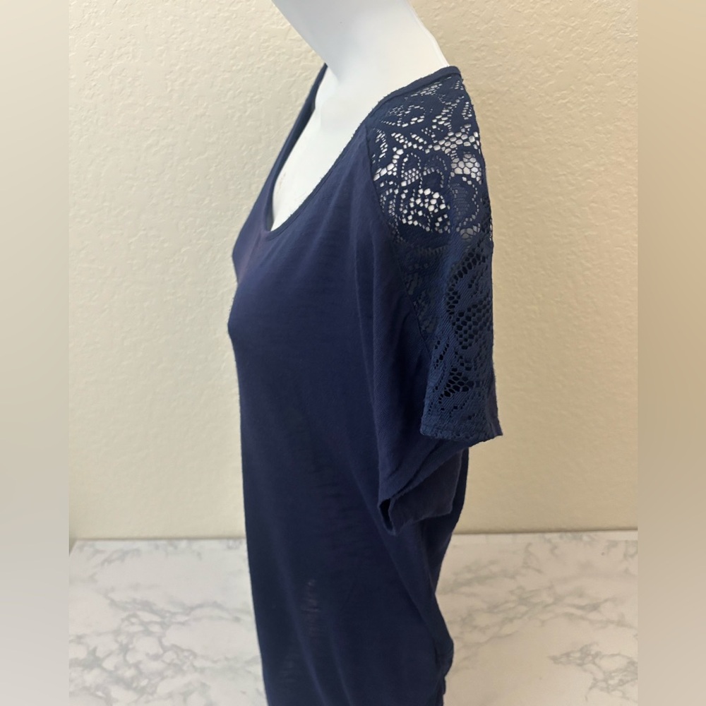 By X By Womens Shirt Sz L Blue Lace Boat Neck Short Sleeve Pullover Top - Picture 2 of 6